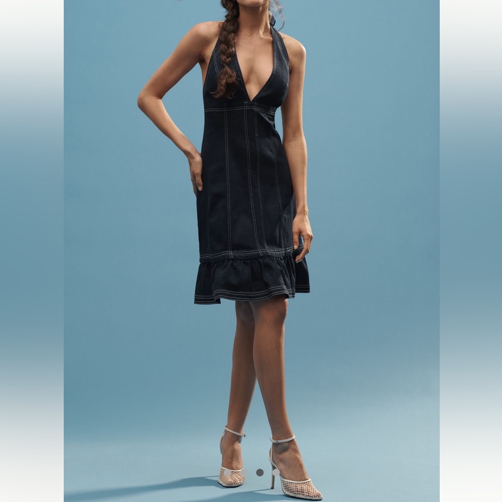 Pilcro Dress Denim Backless Seamed Halter Ruffled Hem SIZE LARGE NEW